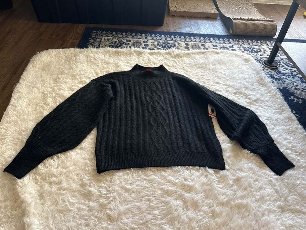 Vince Camuto Women's Rich Black Cable Knit Mock Neck Sweater